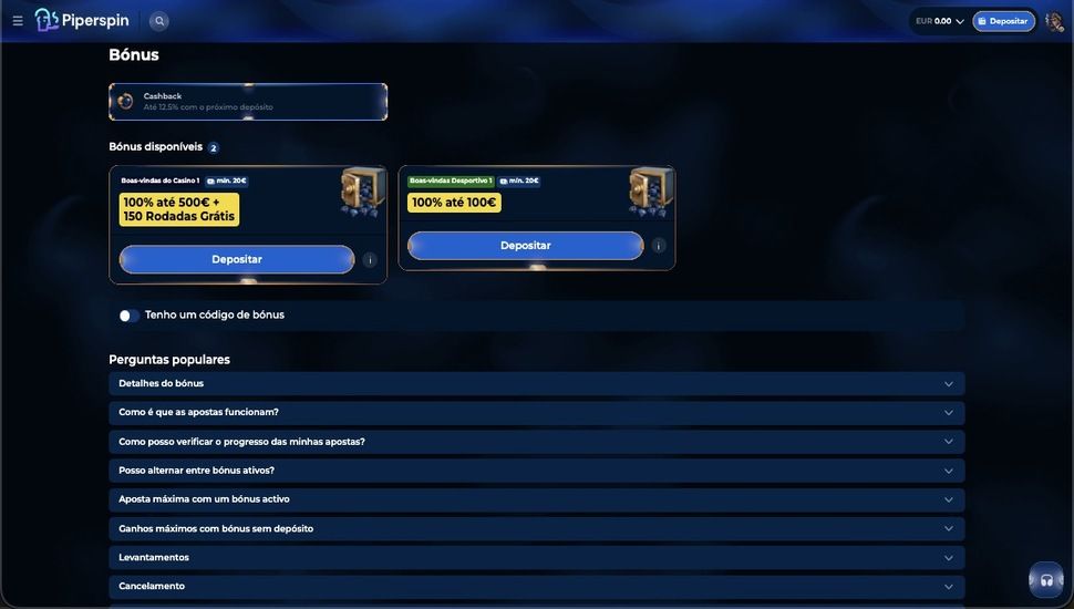 Página de promoções do PiperSpin Casino