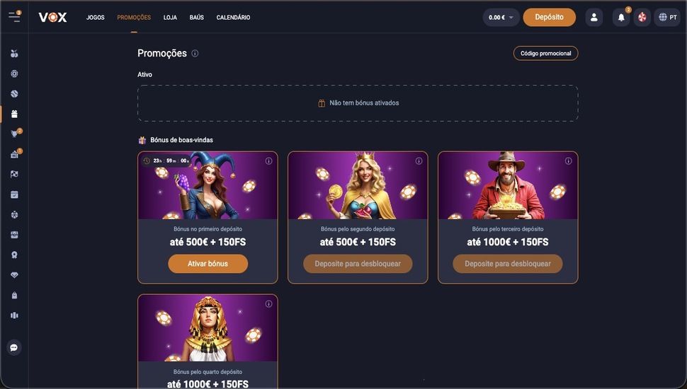 Página de promoções do Vox Casino