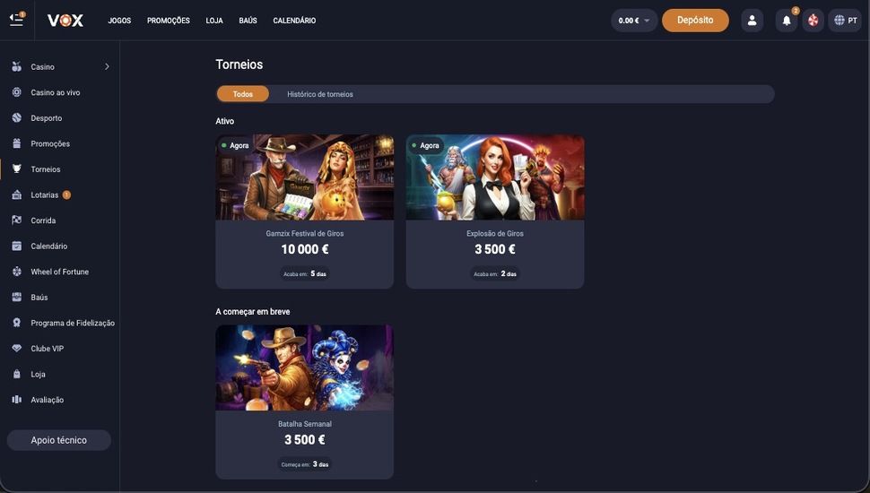 Página de torneios do Vox Casino