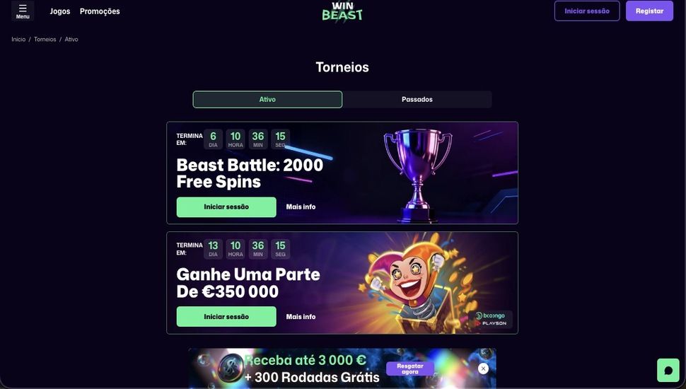 Página de torneios do WinBeast Casino